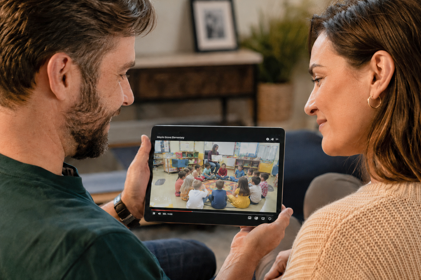Elteren kucken e Schoulvideo op engem Tablet